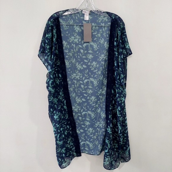 Nordstrom Rack cardigan NWT one size blue green leaf print lace trim open front - Picture 1 of 8
